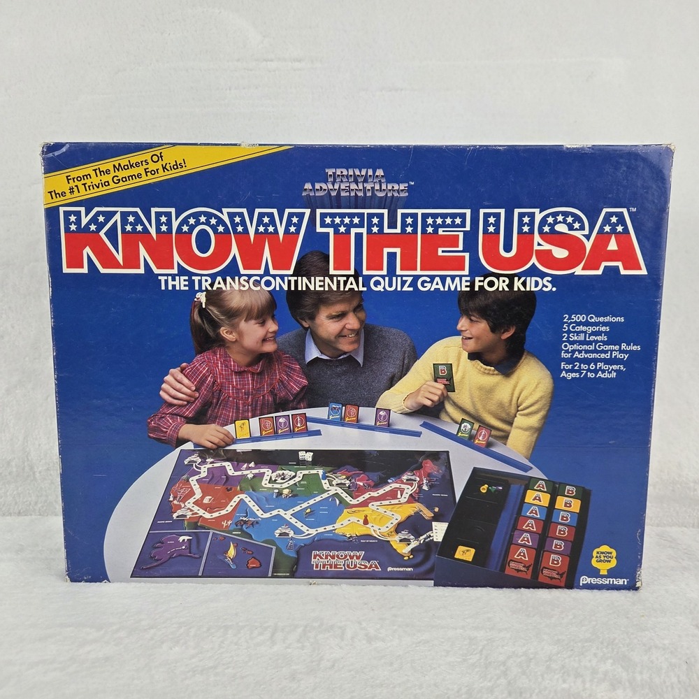 Vintage 1985 Pressman Know The USA Trivia Adventure Board Game Complete